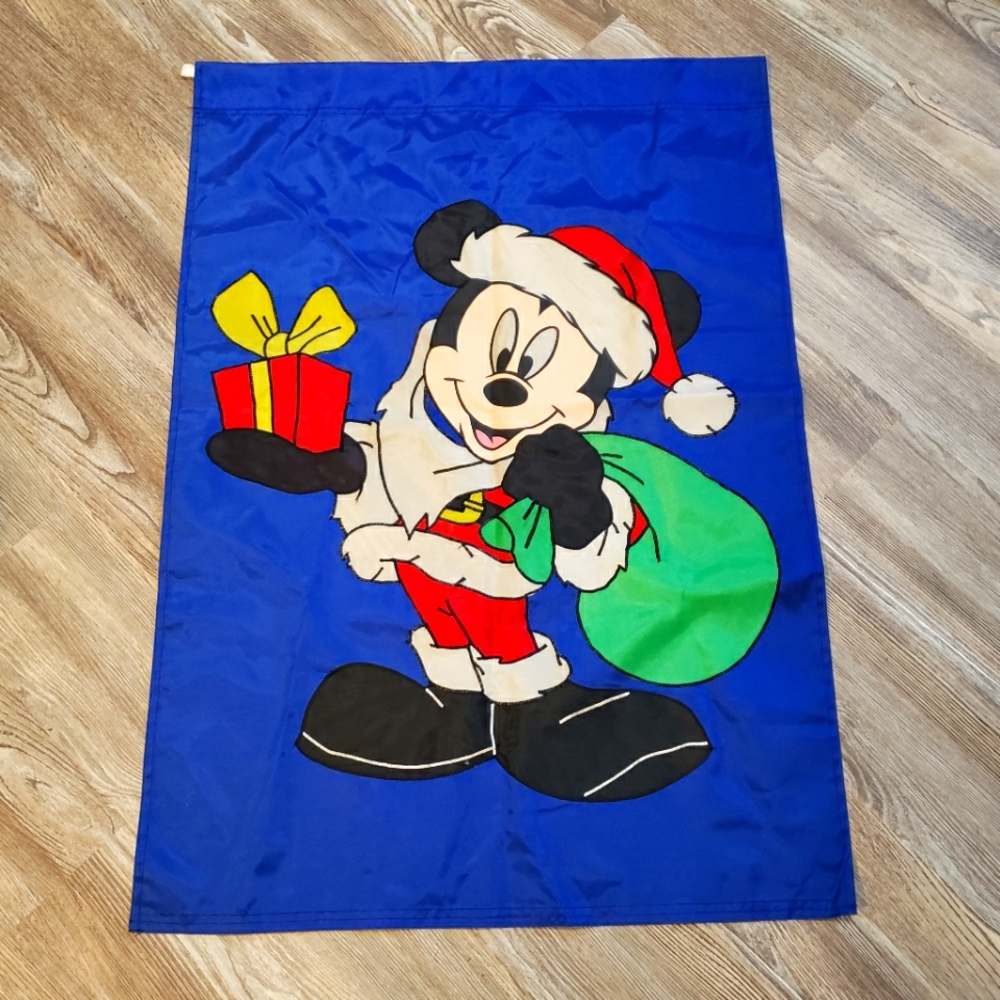 Vintage Disney Mickey Santa Mouse Yard Flag Holiday Christmas 40x28 In Applique